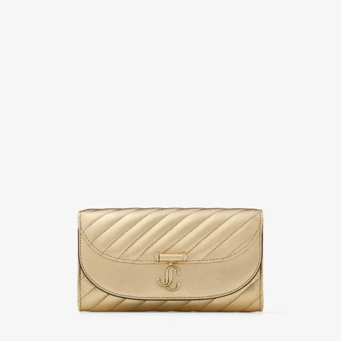 Curve Wallet with Chain Shiny Gold Quilted Metallic Leather Clutch