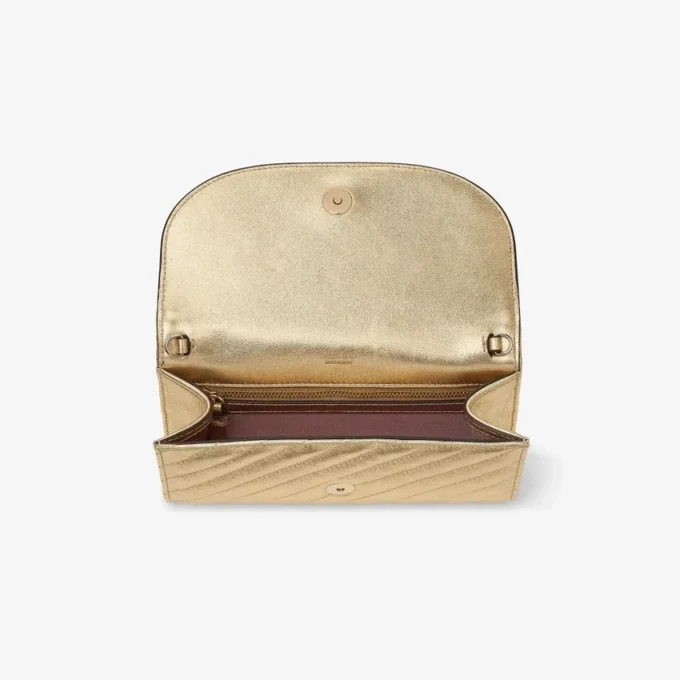 Curve Wallet with Chain Shiny Gold Quilted Metallic Leather Clutch