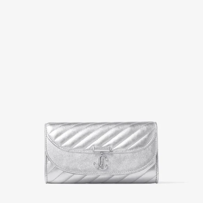 Curve Wallet with Chain Silver Quilted Metallic Nappa Leather Wallet with Chain
