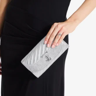 Curve Wallet with Chain Silver Quilted Metallic Nappa Leather Wallet with Chain
