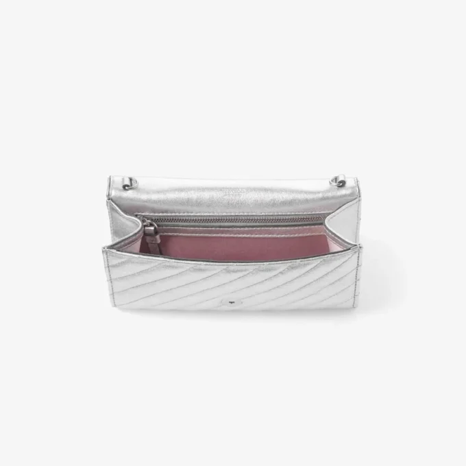 Curve Wallet with Chain Silver Quilted Metallic Nappa Leather Wallet with Chain