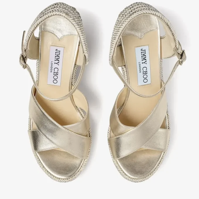 Dellena 100 Champagne Nappa Leather Wedge Sandals with Metallic Rope Thread