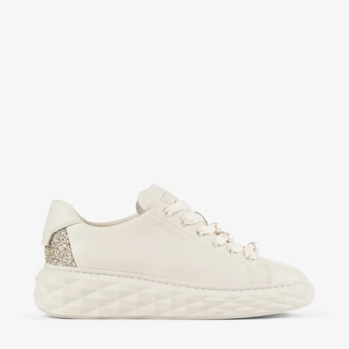 Diamond Light Maxi F Latte Smooth Leather and Coarse Glitter Trainers