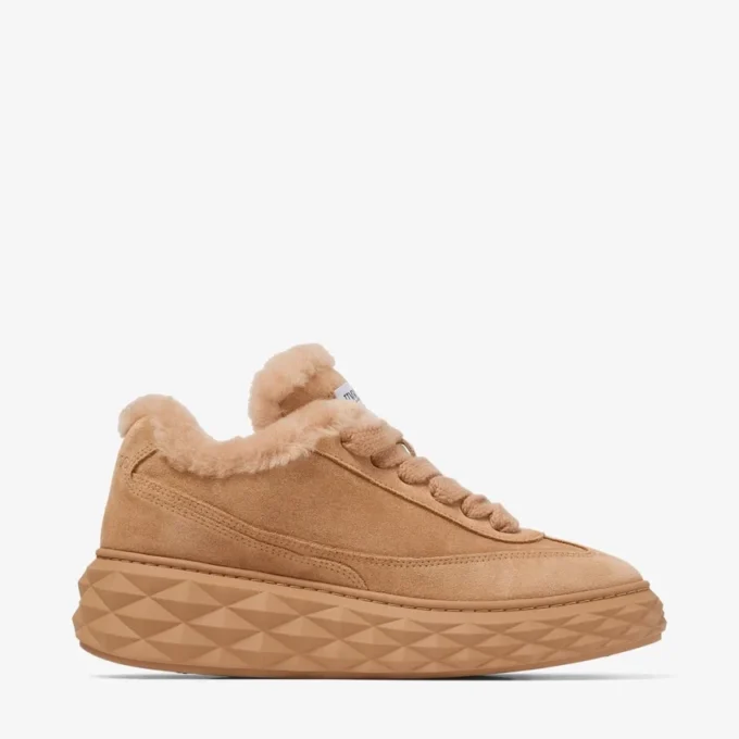 Diamond Maxi Retro F Toffee Velvet Suede Low Top Trainers with Shearling