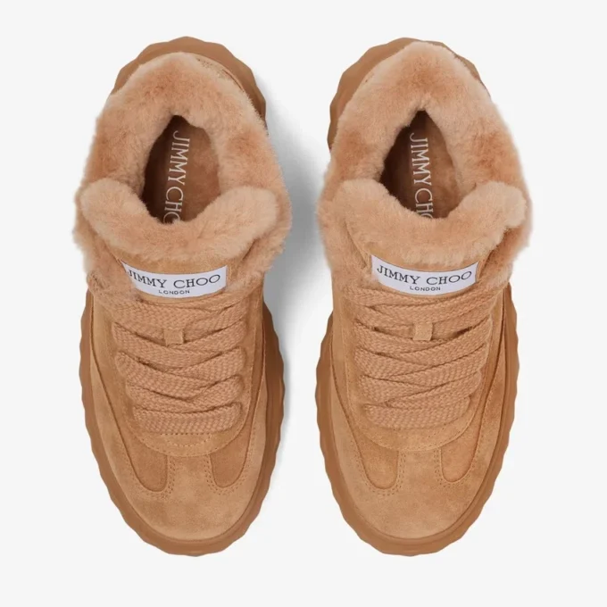 Diamond Maxi Retro F Toffee Velvet Suede Low Top Trainers with Shearling