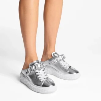 Diamond Sling Silver Metallic Leather Slipper Trainers with Crystal Strap