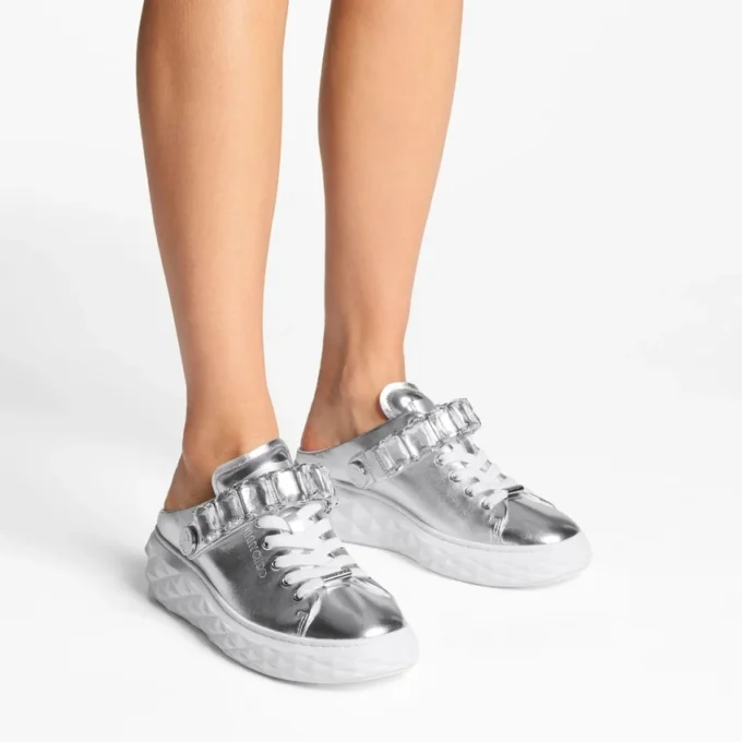 Diamond Sling Silver Metallic Leather Slipper Trainers with Crystal Strap