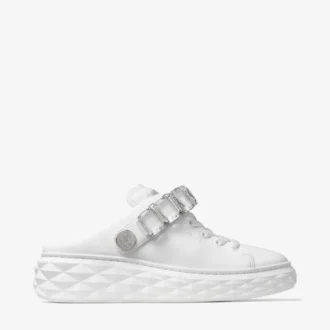 Diamond Sling White Nappa Leather Slipper Trainers with Crystal Strap