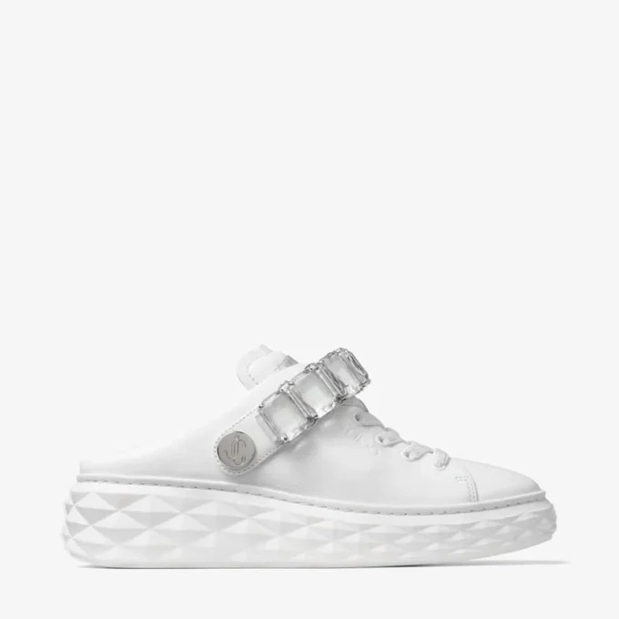 Diamond Sling White Nappa Leather Slipper Trainers with Crystal Strap