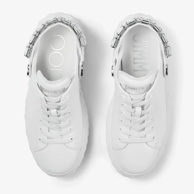 Diamond Sling White Nappa Leather Slipper Trainers with Crystal Strap