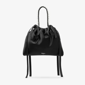 Drawstring Mini Top Handle Black Satin Mini Shoulder Bag