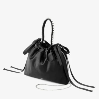 Drawstring Mini Top Handle Black Satin Mini Shoulder Bag