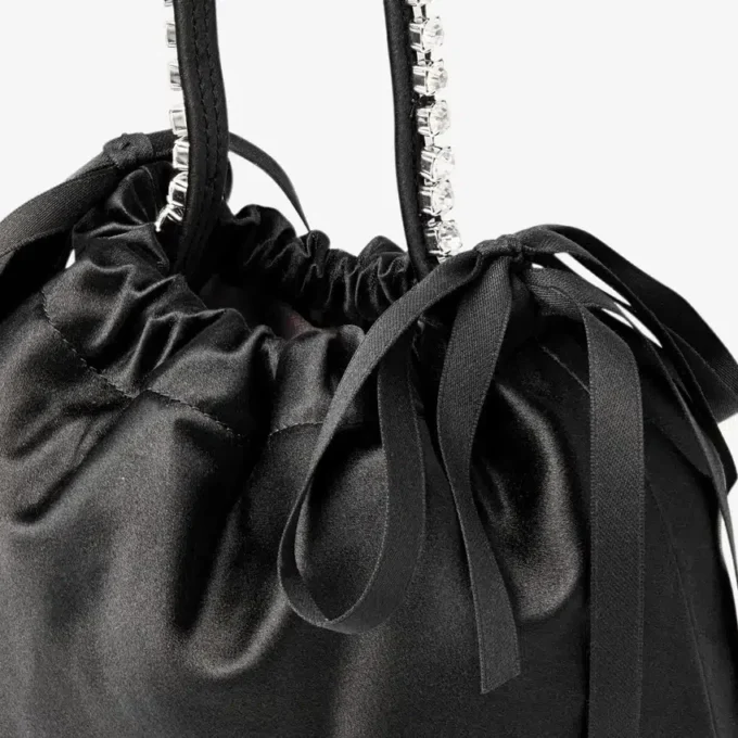 Drawstring Mini Top Handle Black Satin Mini Shoulder Bag
