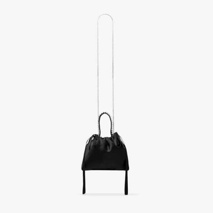 Drawstring Mini Top Handle Black Satin Mini Shoulder Bag