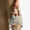 Drawstring Pouch Top Handle Multi and Tan Chevron Raffia Drawstring Pouch with Leather Trim