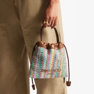Drawstring Pouch Top Handle Multi and Tan Chevron Raffia Drawstring Pouch with Leather Trim