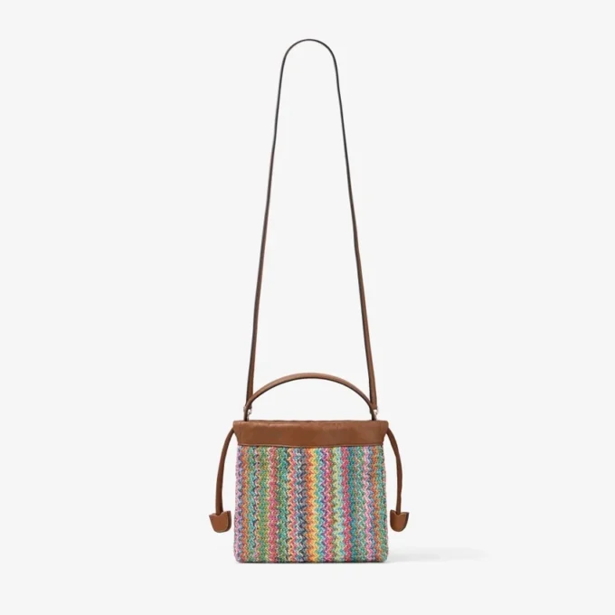 Drawstring Pouch Top Handle Multi and Tan Chevron Raffia Drawstring Pouch with Leather Trim
