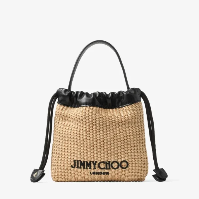 Drawstring Pouch Top Handle Natural and Black Soft Raffia Drawstring Pouch with Leather Trim