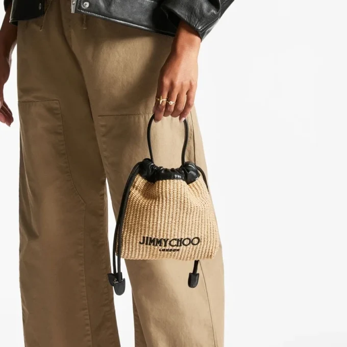 Drawstring Pouch Top Handle Natural and Black Soft Raffia Drawstring Pouch with Leather Trim