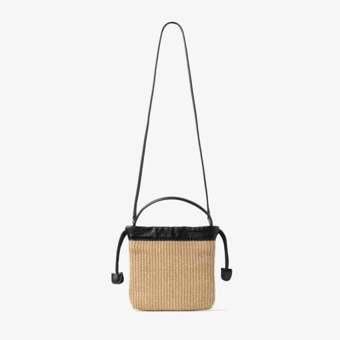 Drawstring Pouch Top Handle Natural and Black Soft Raffia Drawstring Pouch with Leather Trim