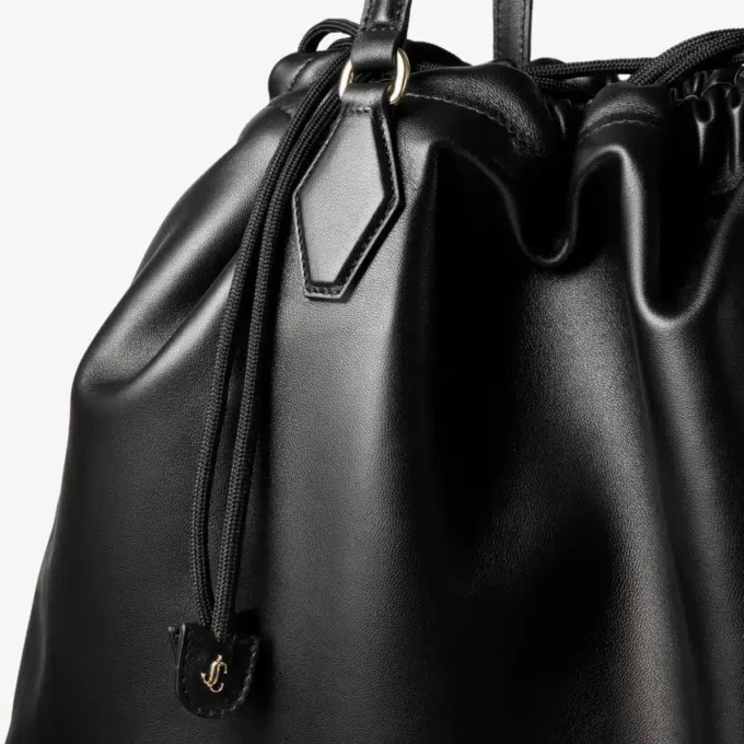 Drawstring Tote Large Black Nappa Leather Drawstring Tote with Embossed Jimmy Choo