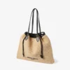 Drawstring Tote Large Natural Soft Raffia Tote Bag with Smooth Calf Leather Trims
