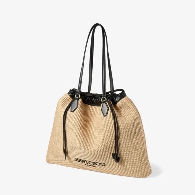 Drawstring Tote Large Natural Soft Raffia Tote Bag with Smooth Calf Leather Trims
