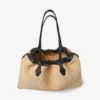 Drawstring Tote Large Natural Soft Raffia Tote Bag with Smooth Calf Leather Trims