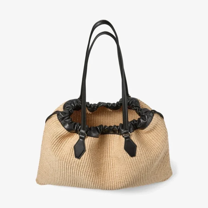 Drawstring Tote Large Natural Soft Raffia Tote Bag with Smooth Calf Leather Trims