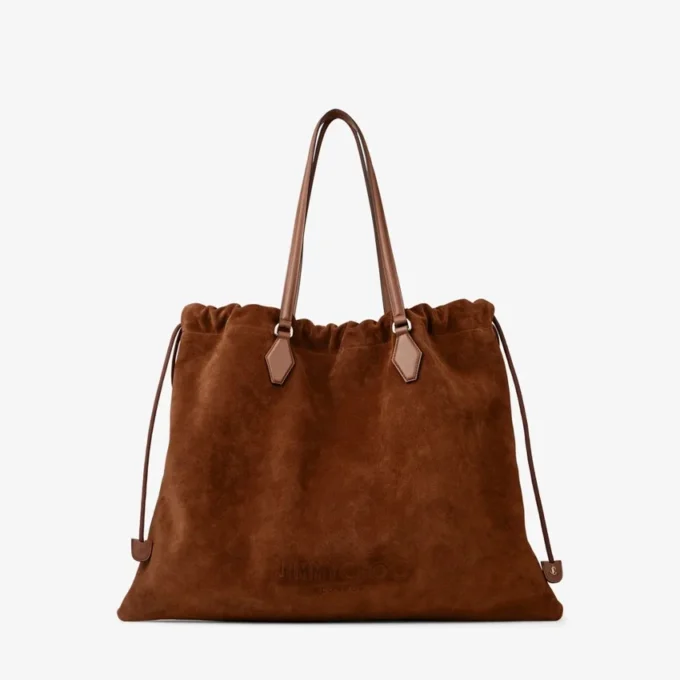 Drawstring Tote Large Tan Suede and Smooth Calf Leather Tote with Jimmy Choo Logo