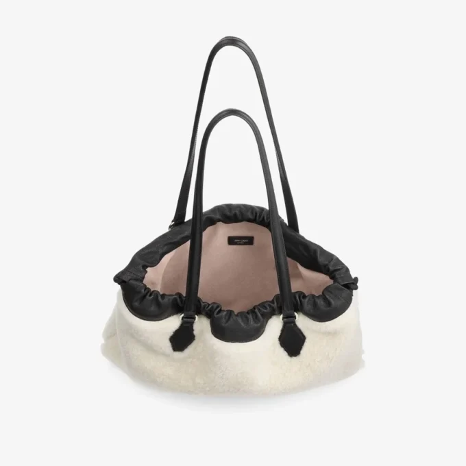 Drawstring Tote Medium Natural Shearling Drawstring Tote with Leather Trims