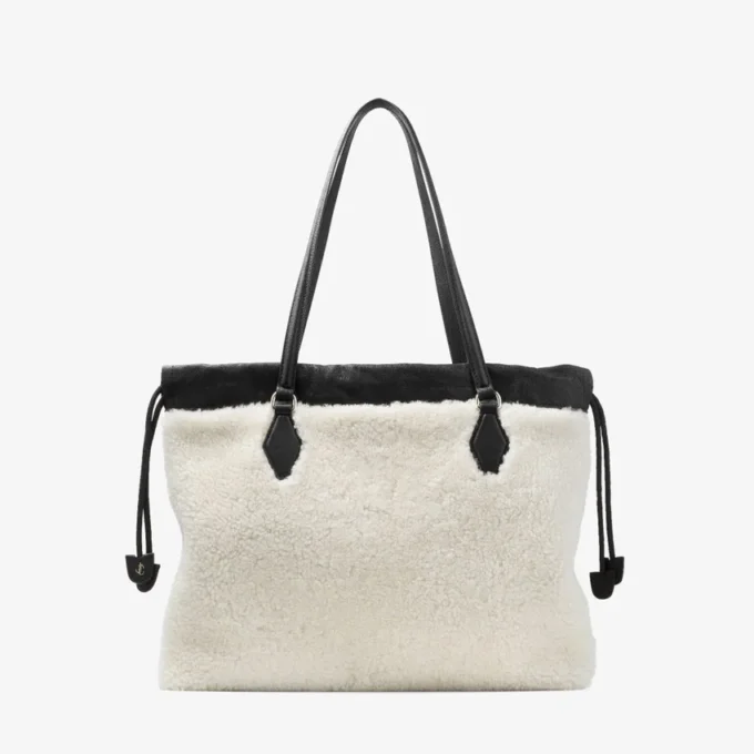 Drawstring Tote Medium Natural Shearling Drawstring Tote with Leather Trims