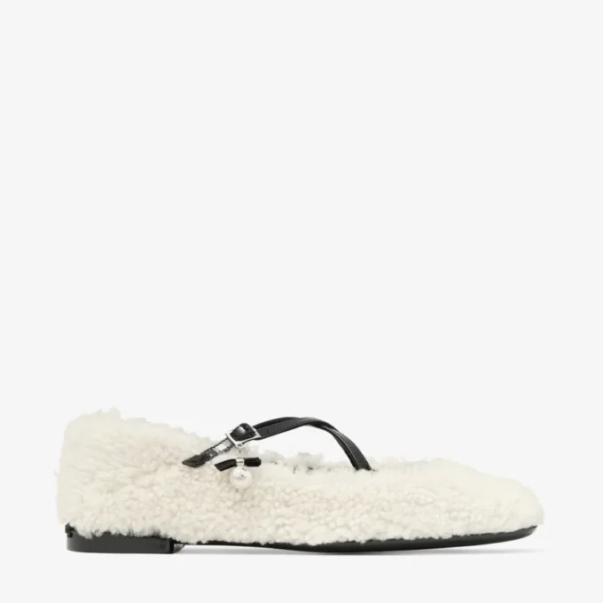 Eleri Ballerina Natural Shearling Ballerina Pumps with Pearl Charm