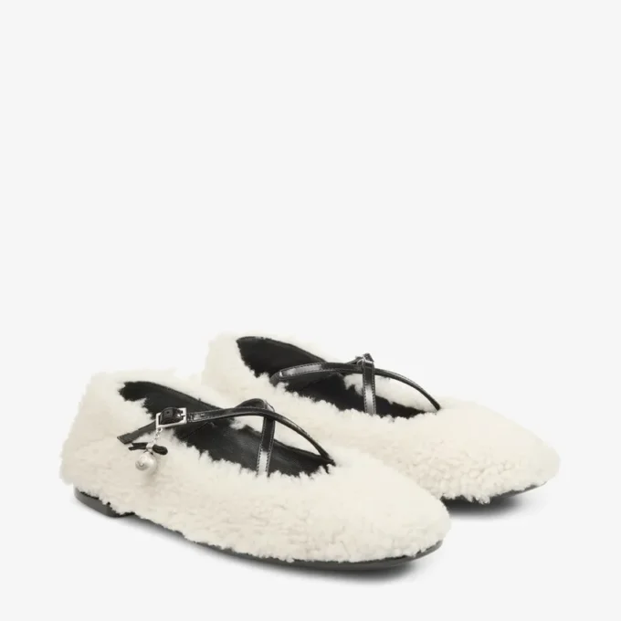 Eleri Ballerina Natural Shearling Ballerina Pumps with Pearl Charm