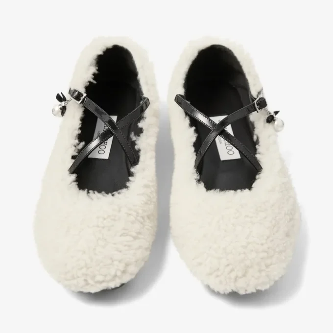 Eleri Ballerina Natural Shearling Ballerina Pumps with Pearl Charm