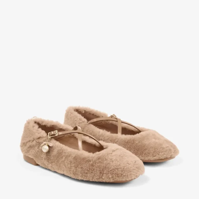 Eleri Ballerina Toffee Shearling Ballerina Pumps with Pearl Charm