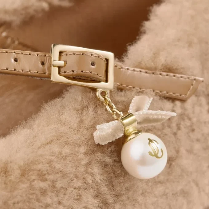 Eleri Ballerina Toffee Shearling Ballerina Pumps with Pearl Charm