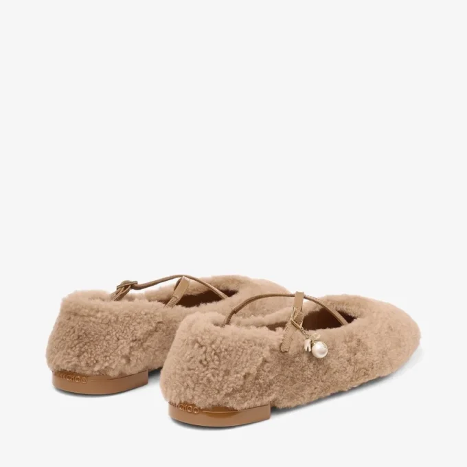 Eleri Ballerina Toffee Shearling Ballerina Pumps with Pearl Charm