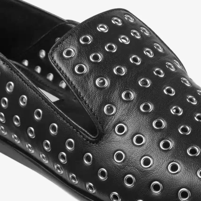 Eliot Slipper Black Metallic Nappa Leather Slippers with Eyelets