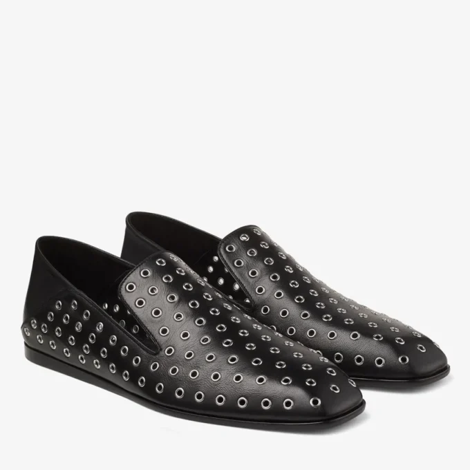 Eliot Slipper Men’s Black Metallic Nappa Leather Slippers with Eyelets