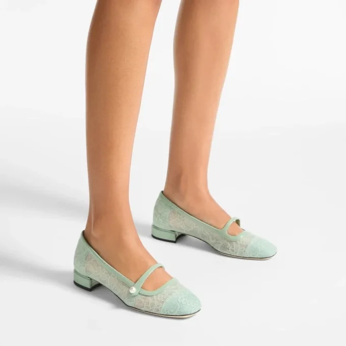 Elisa Ballerina Verde Jimmy Choo Lace and Spazzolato Ballerina Pumps