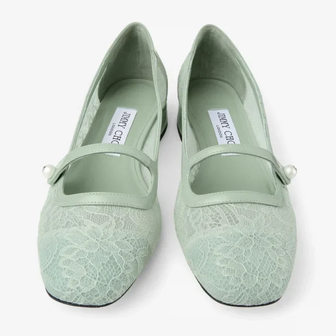 Elisa Ballerina Verde Jimmy Choo Lace and Spazzolato Ballerina Pumps