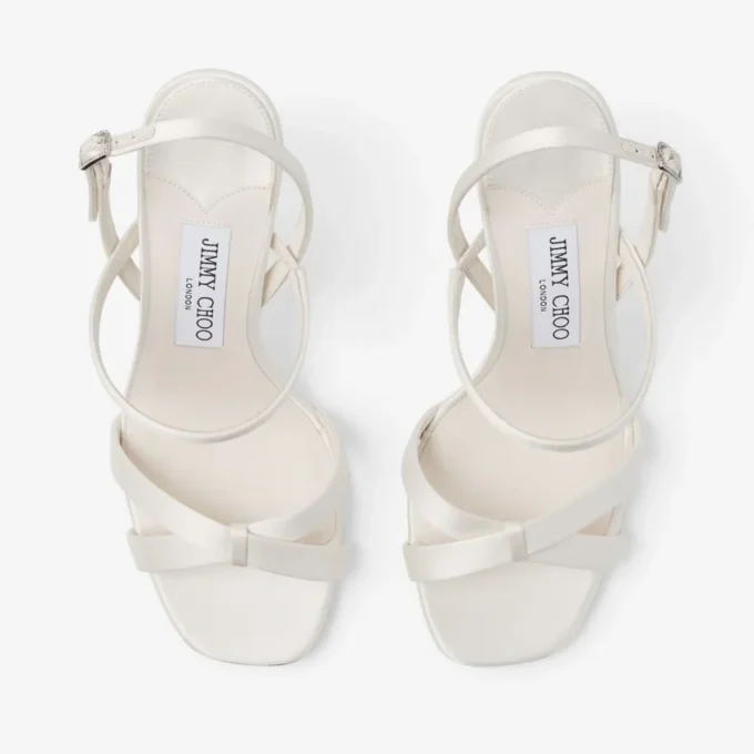 Elsy Block Heel 85 Ivory Satin Sandals with Crystal-Embellished Buckle