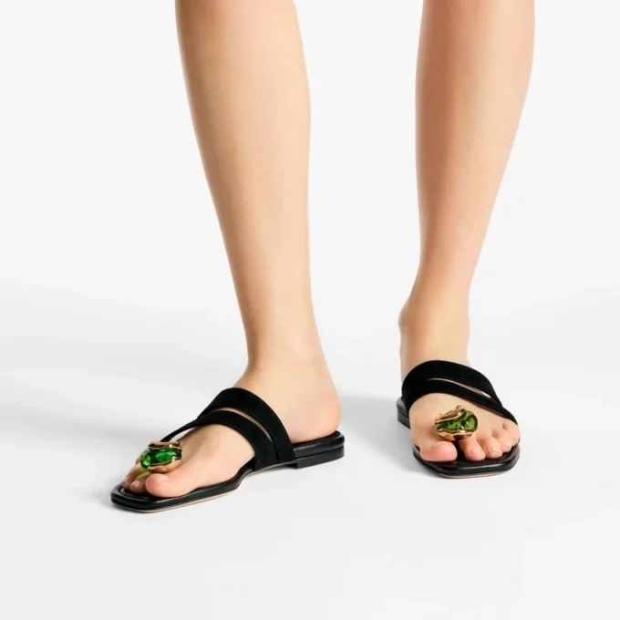 Emeri Stone Flat Black and Clover Suede Flat Sandals