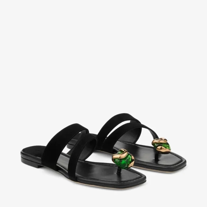 Emeri Stone Flat Black and Clover Suede Flat Sandals