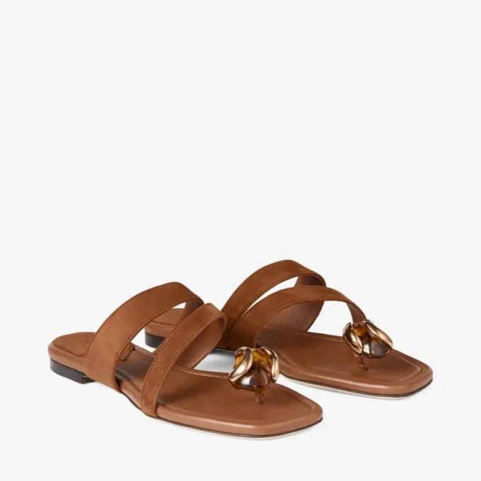 Emeri Stone Flat Tan and Amber Suede Flat Sandals