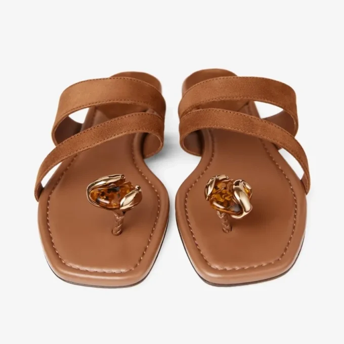 Emeri Stone Flat Tan and Amber Suede Flat Sandals