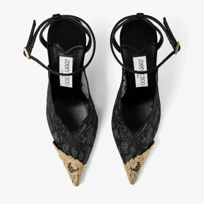 Faiz 100 Black Jimmy Choo Lace Pumps with Metal Lace Detail
