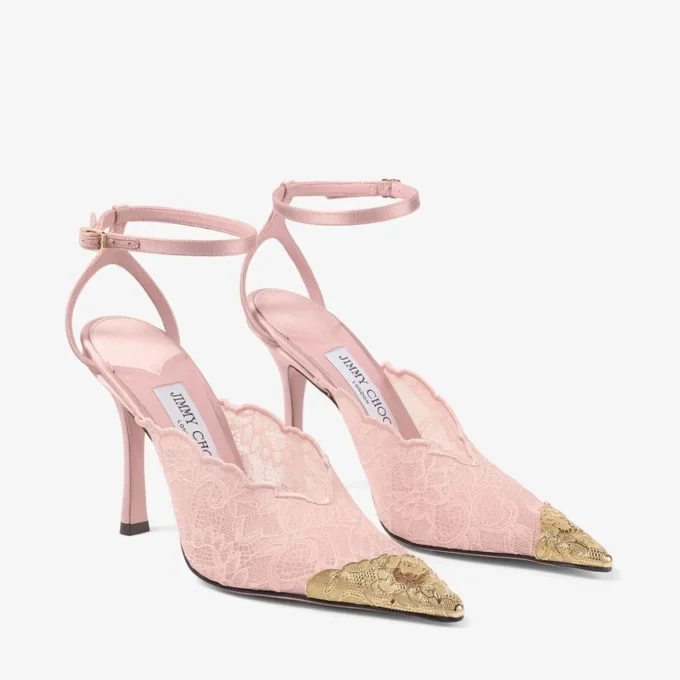 Faiz 100 Rose Jimmy Choo Lace Pumps with Metal Lace Detail