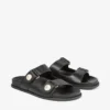 Fayence Sandal Black Leather Flat Sandals with Pearl Embellishment